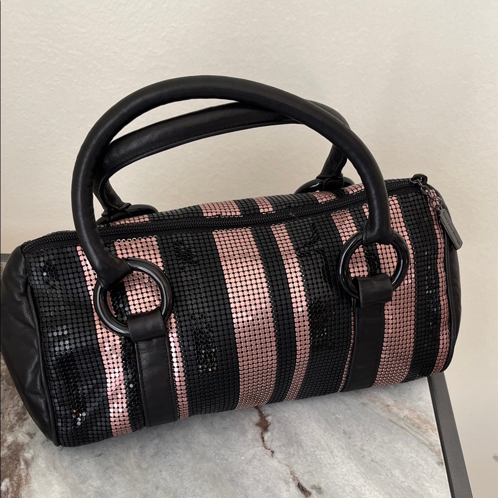 Whiting & Davis mesh and real leather Black and Pink Striped Women's Bag